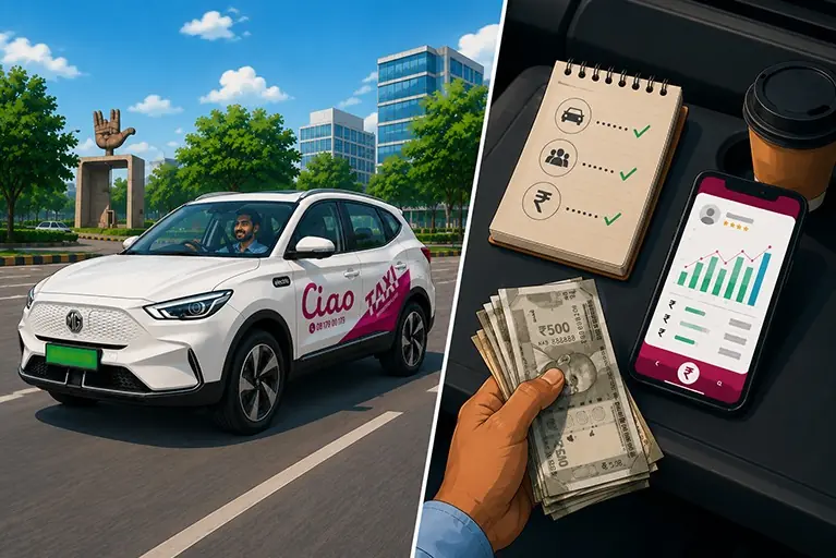 Cab driver in Chandigarh earning income with Ciao Cabs electric taxi service