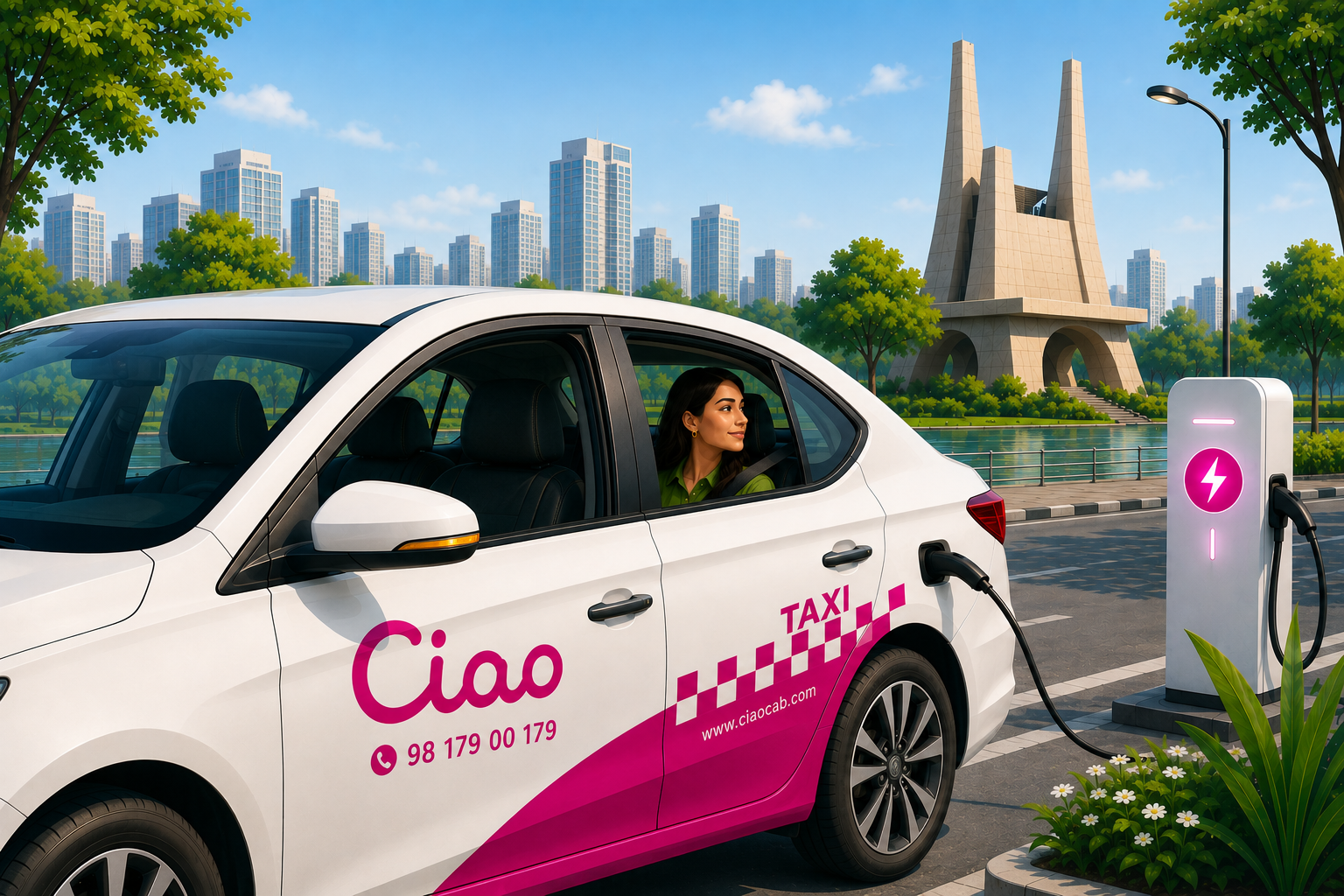 Passenger enjoying a smooth and quiet ride in an electric cab