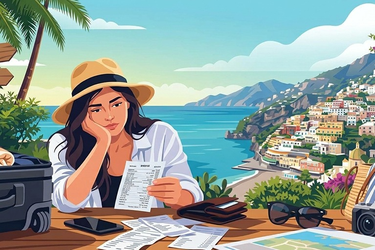 Traveller checking holiday expenses after overspending on a vacation